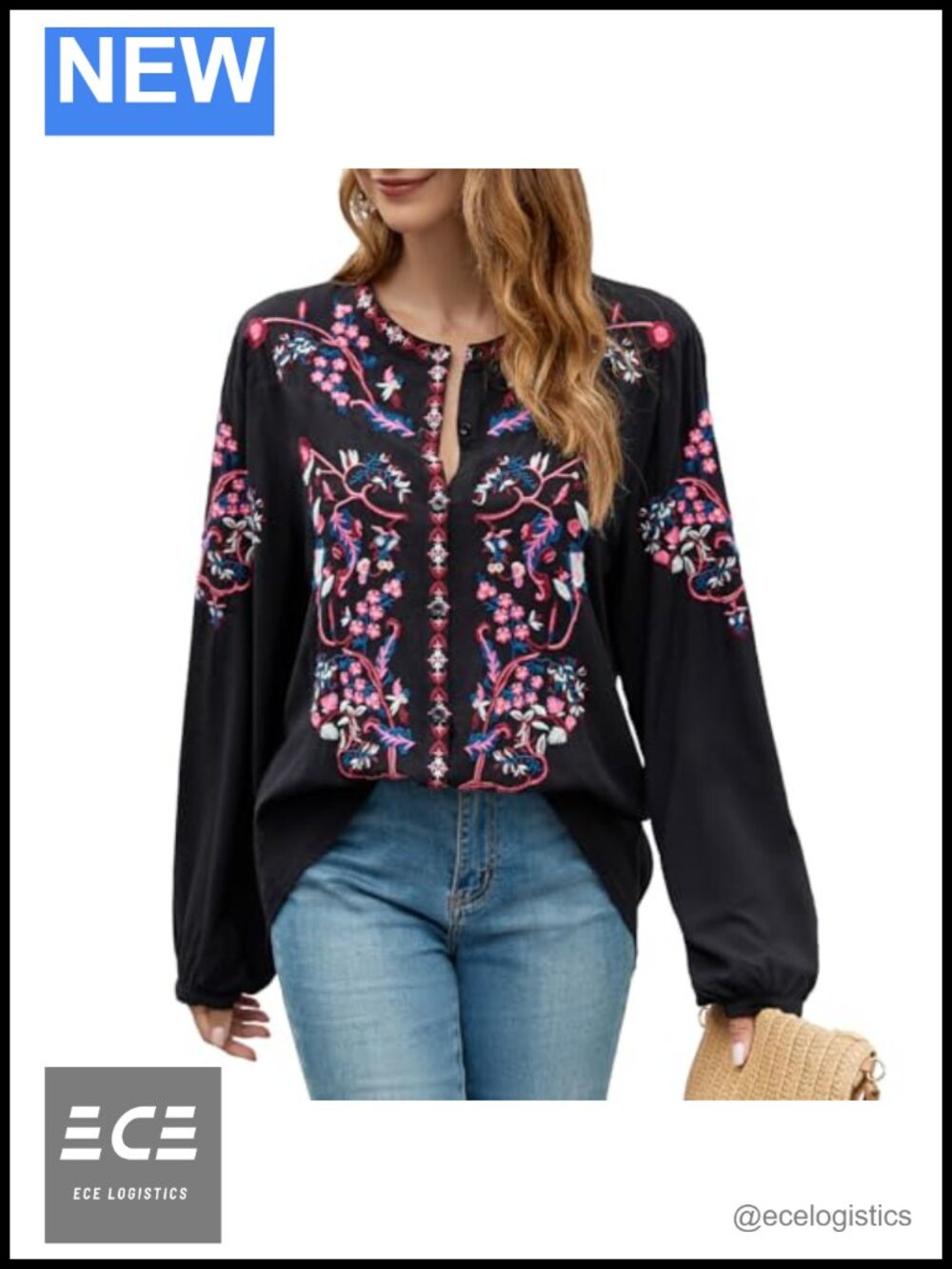 Womens Long Sleeve Embroidered Peasant Tunic Top Casual Loose Fit